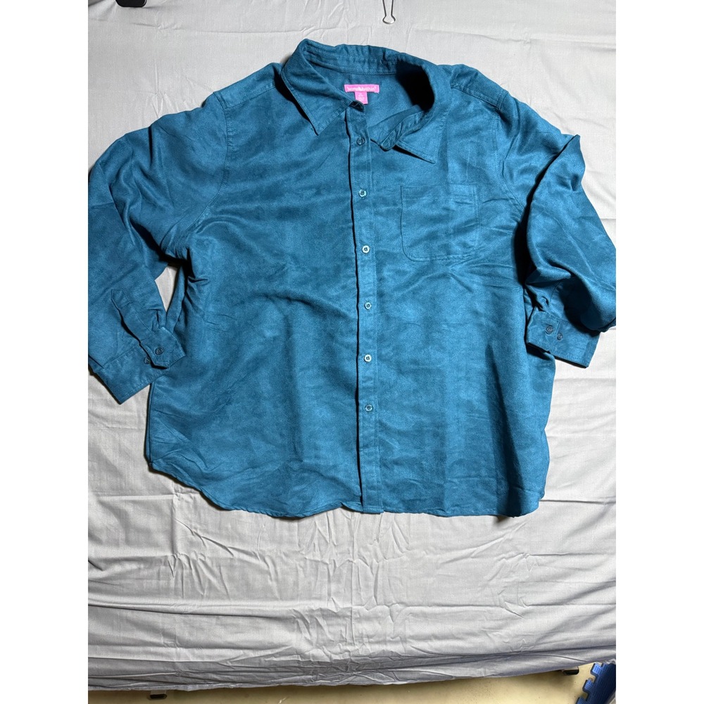 Woman Within Shirt Women 2X Teal Blue Good Faux Suede Button Down Long Sleeve